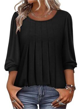 Women's 3/4 Sleeve Crewneck Pleated Tunic Blouse - Loose Fit Casual Shirt